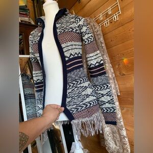 Made‎ USA Hooded Cardigan Sweater Navy Pink White Small Y2K Cotton Fringe Aztec